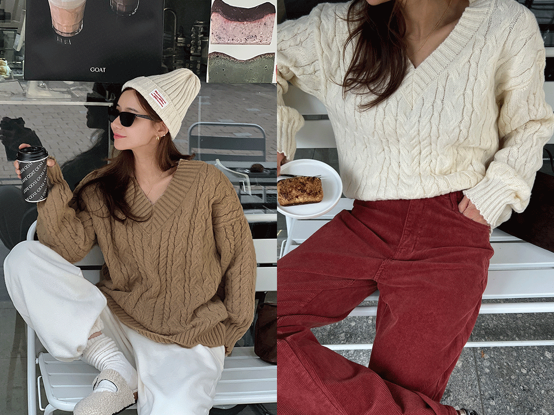 모부크 브이넥꽈배기니트