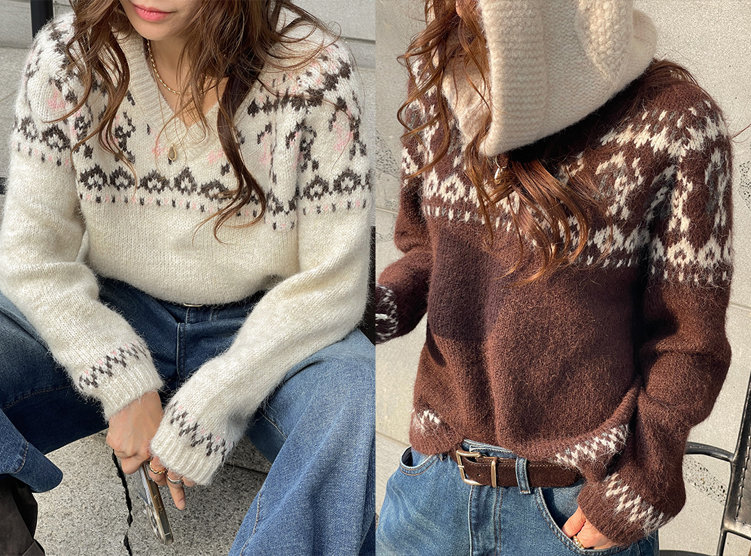 모슈크 자가드브이넥니트