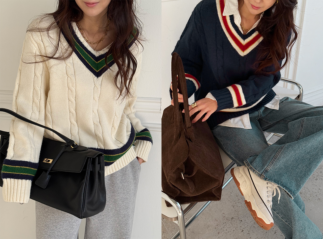 모지하 브이넥꽈배기니트