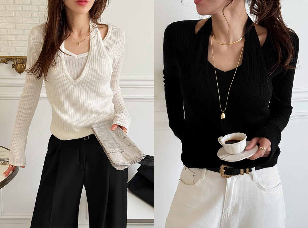 푸에민 홀터넥레이어드니트