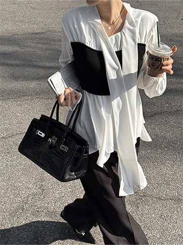 모테보 리본배색블라우스