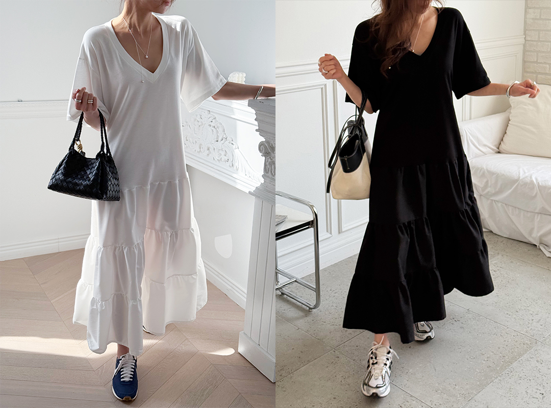 커멜프 브이넥캉캉반팔원피스